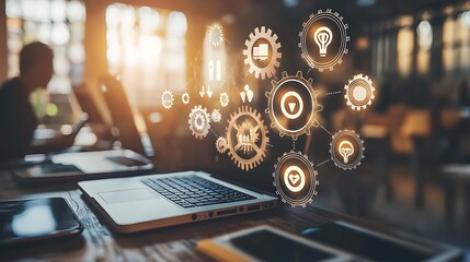 Business team working on mobile phones and laptop with business ideas icons