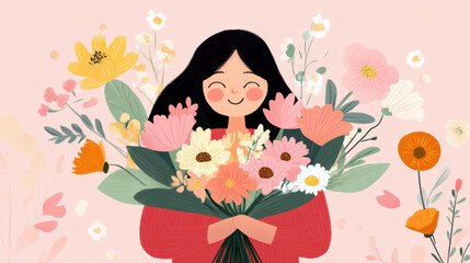 happy woman holding bouquet of colorful flowers, celebrating joy and beauty in nature. Her smile radiates warmth and positivity, surrounded by floral backdrop