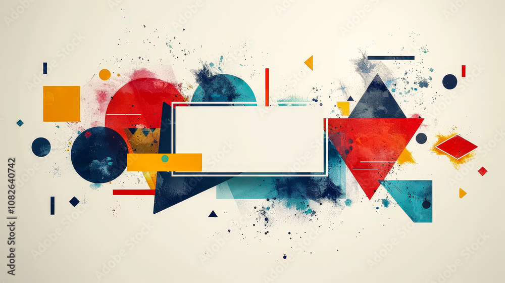 Poster Vibrant geometric shapes in various colors blend seamlessly with splashes of paint, creating a visually striking design suitable for creative projects and backgrounds