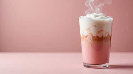 Pink matcha beverage with a foamy top on a surface.