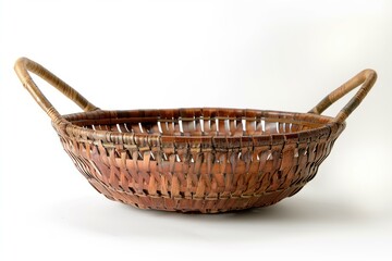 Fototapeta premium Empty round wicker basket with handles is standing on a white background