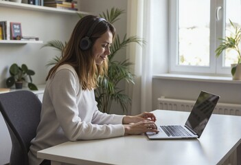 Woman working on laptop in home office