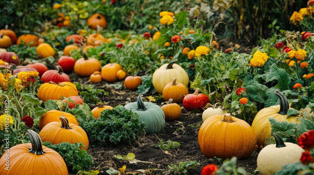 Poster a pumpkin patch filled with a variety of pumpkins in different colors and sizes, surrounded by bloom