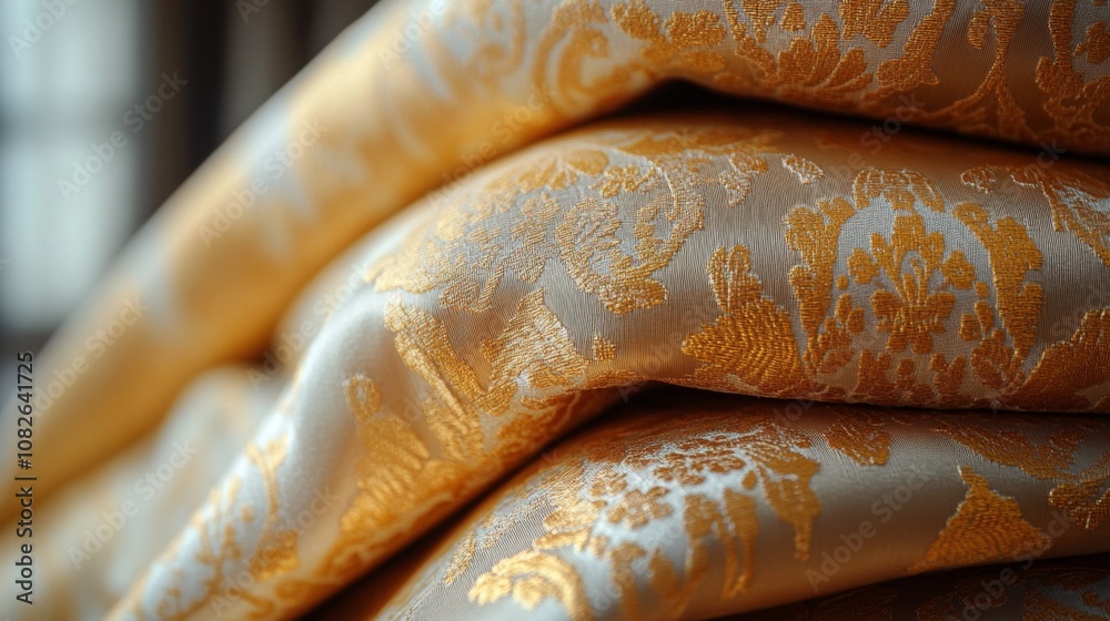 Poster soft, elegant fabric is meticulously folded, revealing intricate golden designs. the texture and she