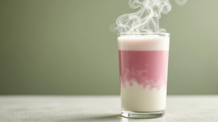 A tall glass with layers of milk foam and pink tea, filled with a fizzy liquid, sitting on a surface. Smoke is visible around the top of the glass.