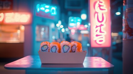 Street-style sushi in a takeaway box set against a vibrant backdrop of neon lights in a Japanese cityscape, with pink and blue hues reflecting on a small table, creating a lively and urban dining