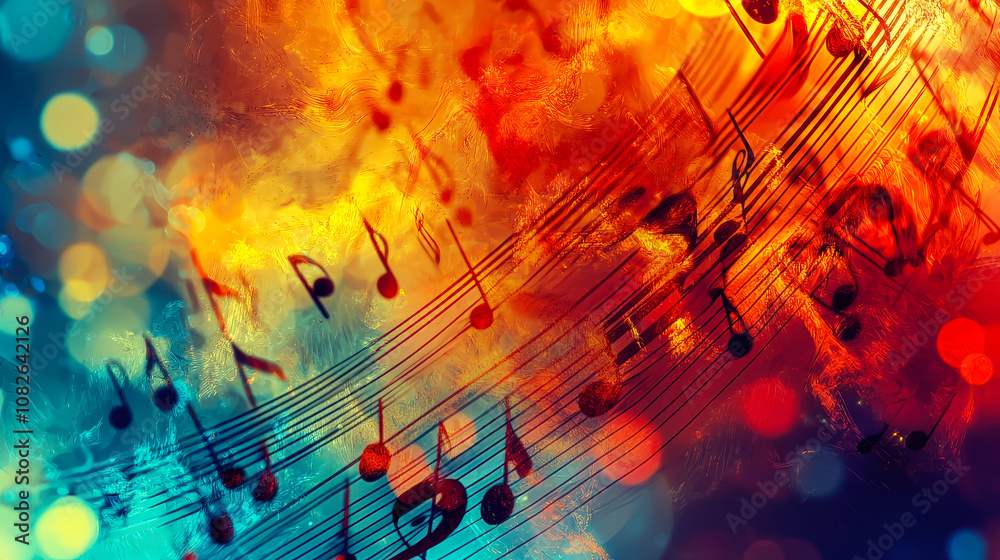 Poster an energetic visual representation of musical notes amid a swirling colorful background. this artwor