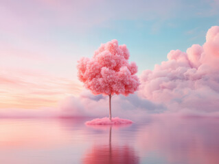 serene pink tree stands alone on tranquil water surface, surrounded by soft clouds and pastel sky. scene evokes sense of calm and beauty, perfect for nature lovers