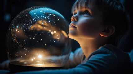 A child gazing at sparkling stars in a nighttime sky filled with wonder and imagination in a peaceful outdoor setting