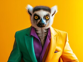 Naklejka premium Vibrant Lemur Head in Colorful Business Suit Sitting at Tech Startup Meeting Symbolizing Innovation and Creativity in Corporate World