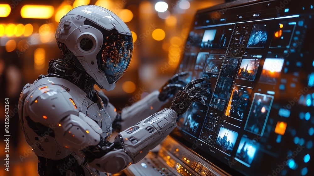 Poster an android focused on editing images using a large holographic display in a futuristic setting