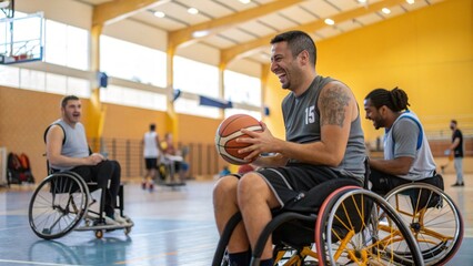 Group of wheelchair basketball players in a gym, actively participating in a game, symbolizing teamwork, fitness, and inclusion in adaptive sports.