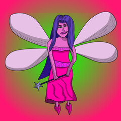 Vector fantasy hand drawn illustration of a fairy. A fairy with wings and a magic wand in her hands. A purple fairy with blue hair. A magic wand with a star on the end. Fantasy, magical, hand drawing