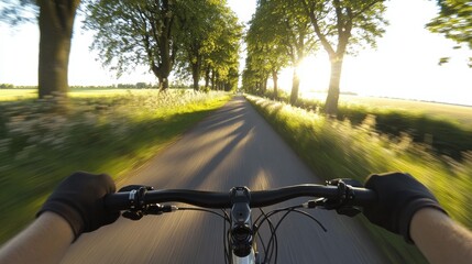 Cycling adventure scenic countryside action shot sunlit path first-person perspective freedom on wheels
