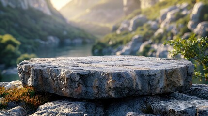 Obraz premium Podium Stage mockup with Stone and green tropical leaves background