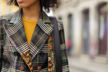 A woman in a stylish grey suit poses confidently against a textured wall in an urban setting, capturing the essence of modern fashion