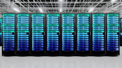 Abstract of modern high tech internet data center room with rows of racks with network and server hardware. , isolated on white background,  , copy space, copy space for text,