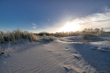 Tiefe Wintersonne an der Ostsee in Laboe. Lange dunkle Schatten auf feinem Sand. Strandhafer und Seegras.Schleswig Holstein