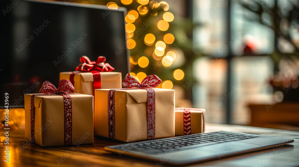 Poster Presents wrapped in festive paper sit near a keyboard, creating a warm and inviting atmosphere in a workspace decorated for the winter holidays
