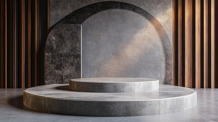 Empty double concrete podium displaying products on gray concrete floor