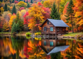 Fototapeta premium Serene Log Cabin Retreat by the Lake Surrounded by Autumn Foliage, Perfect for a Peaceful Getaway in the Heart of Nature's Tranquil Wilderness