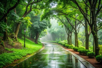 Fototapeta premium Serene Long Exposure of a Concrete Pathway Through a Lush Green Forest in Rainy Season, Symbolizing the Journey to Success with Space for Inspirational Text Overlay