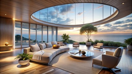 Fototapeta premium Serene Modern Interior with Soft Curves Leading to an Ocean View, Blending Nature and Design in a Fluid Architectural Space with Gentle Lighting for Ultimate Relaxation
