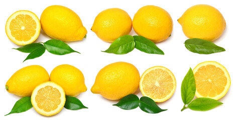Fototapeta premium Fresh lemon with leaf slices collection isolated on white background. Citrus fruit