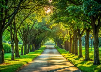 Obraz premium Serene Park Pathway Embraced by Lush Greenery, Ideal for Leisurely Walks Amidst Nature's Tranquility, Inviting You to Experience Relaxation and Peacefulness in an Outdoor Oasis