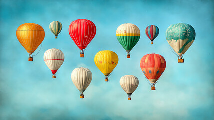 Fototapeta premium Colorful hot air balloons floating in bright blue sky create joyful scene, perfect for capturing essence of adventure and freedom