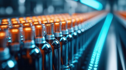 Rows of wine bottles in highspeed factory line, organized packaging, glass reflections, automated process