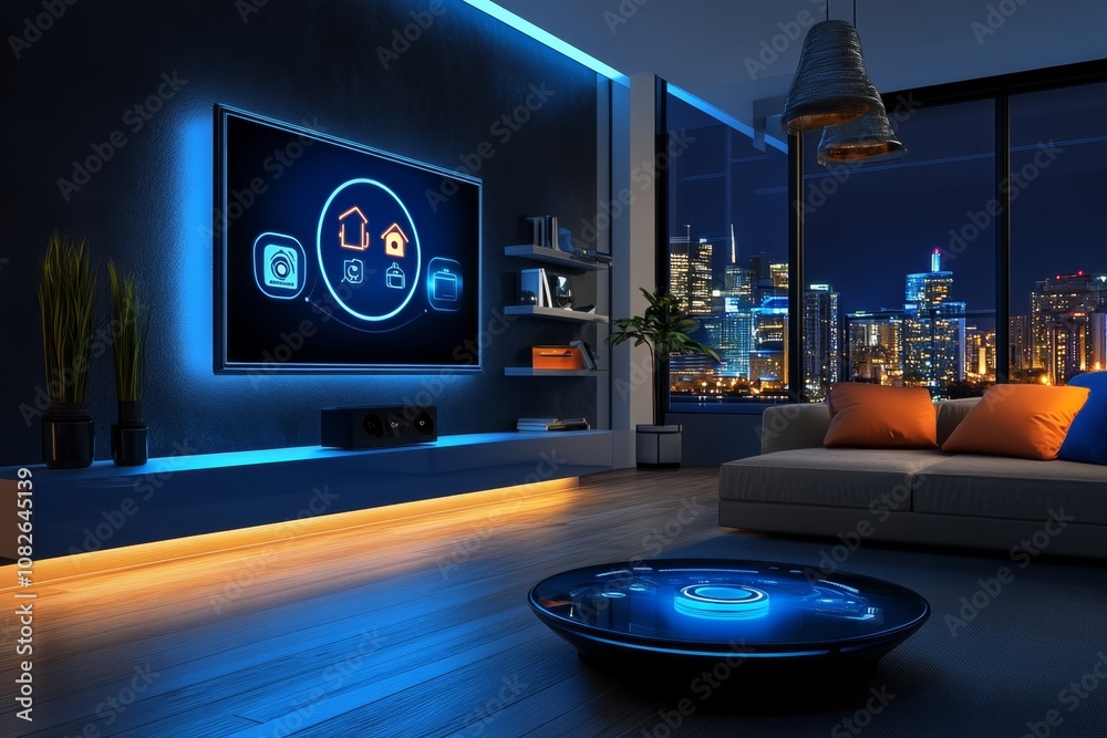 Poster 3d digital rendering of a futuristic smart home system with sleek devices, holographic controls, and