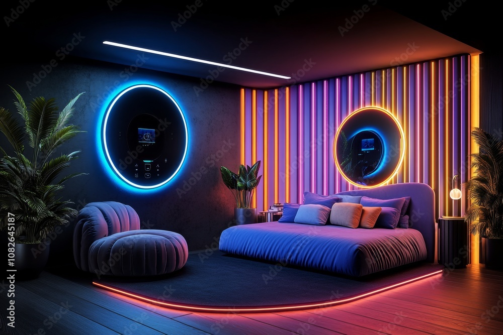 Poster 3d digital rendering of a futuristic smart home system with sleek devices, holographic controls, and