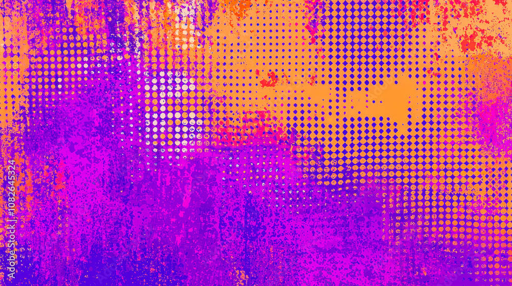 Poster a visually striking abstract composition showcases a blend of purple and orange hues with textured p