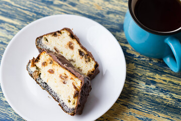 Delicious chocolate dessert, cheesecake with raisins and poppy seeds. Lviv cheesecake, a traditional Ukrainian dessert
