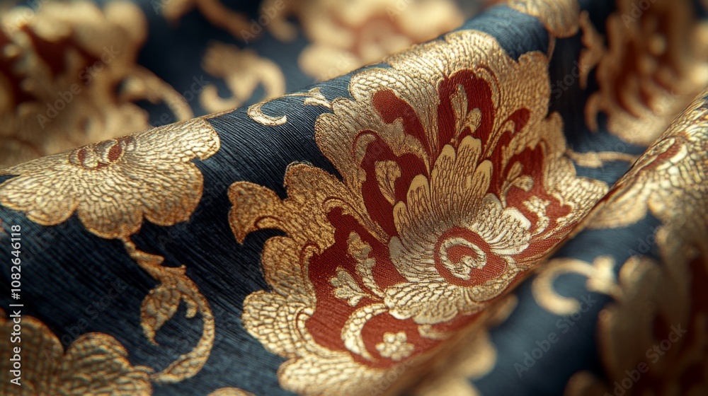 Poster a rich textile showcases intricate floral designs in gold and red threads, elegantly flowing across 