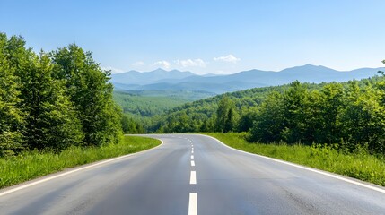 Naklejka premium Serene Curving Road Through Forested Hills - Peaceful Holiday Trip with Sunlight Touching Treetops and Distant Mountain Views