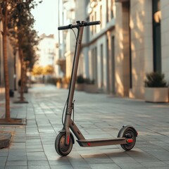 Urban mobility action city sidewalk scooter sunny day ground level modern transportation concept