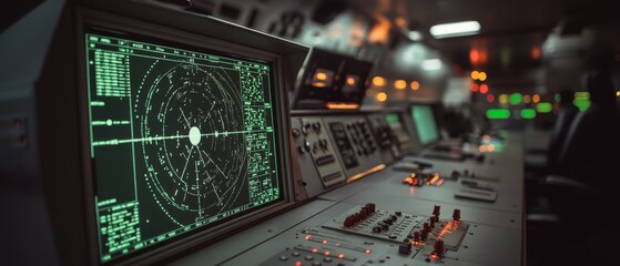A dimly lit control room with vintage radar screens on a sprawling console, evoking the intensity of strategic operations.