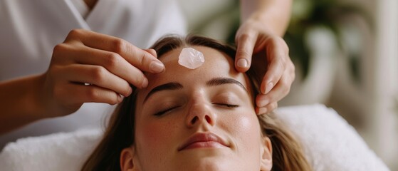 A soothing facial massage with a rose quartz crystal creates a serene spa atmosphere.