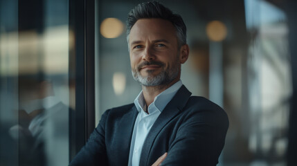 Fototapeta premium Business professional smiling confidently near large windows in an urban office on a sunny day