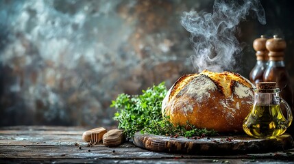 Warm freshly baked golden sourdough bread on rustic wooden table with aromatic herbs and olive oil