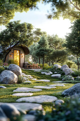 A small house in the middle of a lush green yard