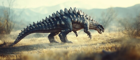 A lone dinosaur with a spiked back wanders a sunlit prehistoric landscape, capturing the essence of...