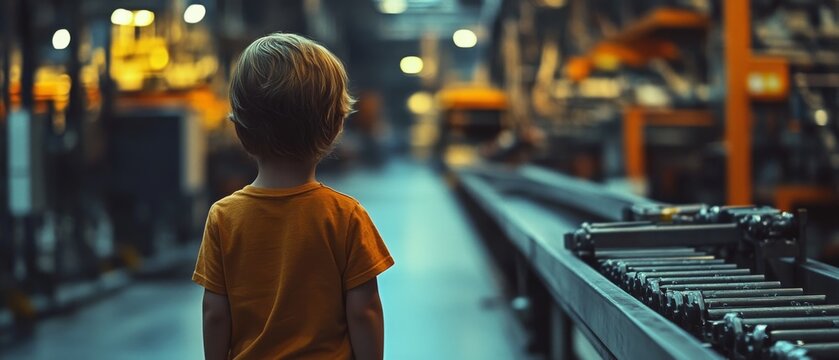 A small child in a yellow shirt stands captivated in a vast factory, surrounded by machinery, evoking wonder and discovery amidst technology.