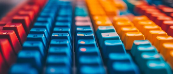 Obraz premium Hands dance over vibrant, colorful keys in a rhythmic tapping, embodying creativity, technology, and personalization in a desktop setup.