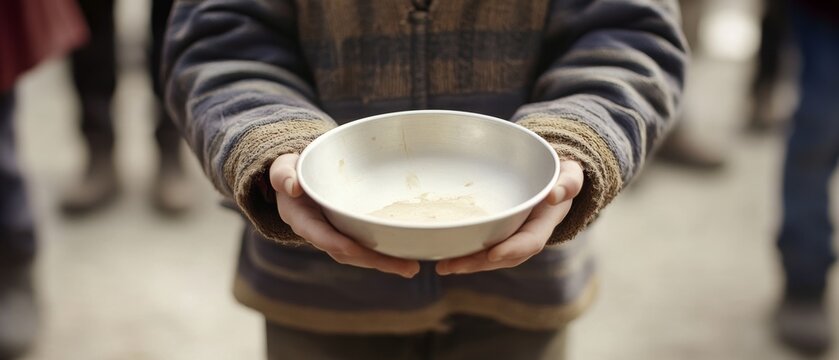 Hands cradling an empty bowl convey a poignant moment of hunger and simplicity against a blurred backdrop of passersby.