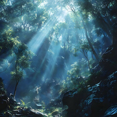 Obraz premium Illustration - Enchanting Forest Sunlight, Trees, Nature, Landscape