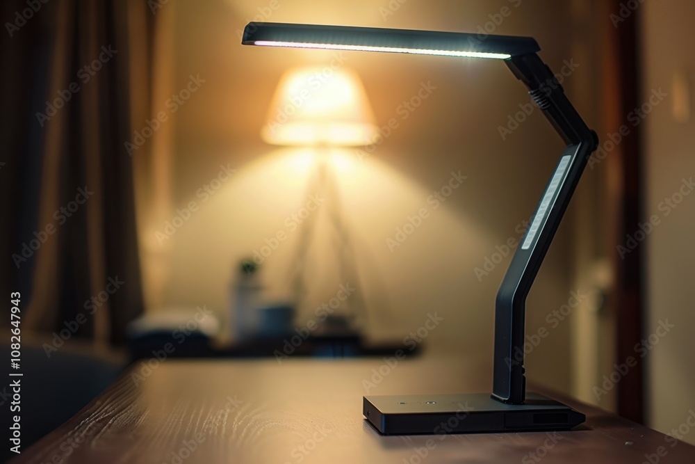 Leinwandbilder a cozy workspace illuminated by a desk lamp, featuring a keyboard and plants, creating a serene atmo