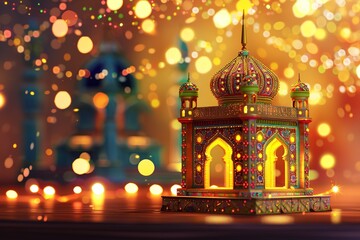Obraz premium golden glossy, A design of a colorful patterned invitation or greeting card A colorful wooden mosque with cute carvings and designs, sitting on a stage with a string of twinkling lights draped 